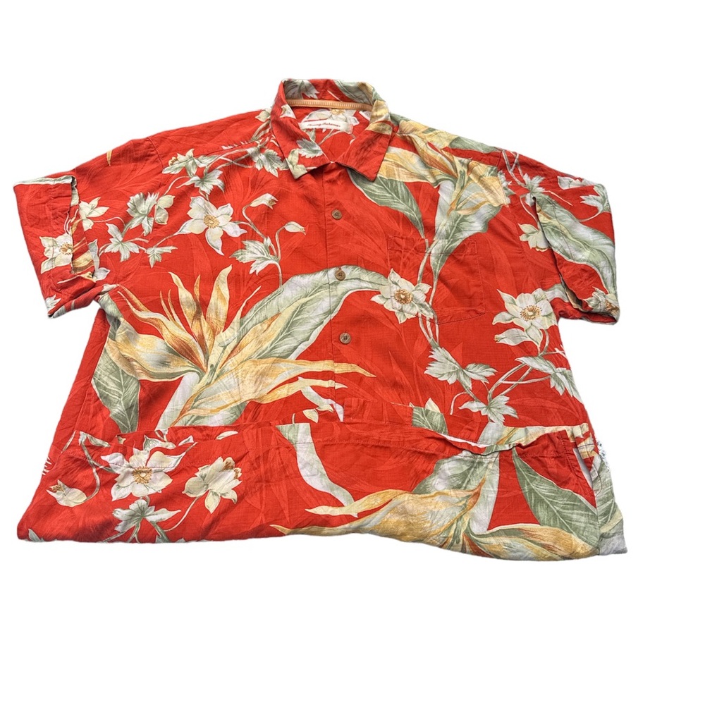 Tommy Bahama Men’s Large 100% Linen Hawaiian Button Camp Shirt Orange Floral